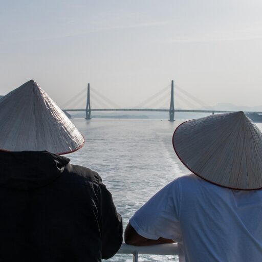bridge, ship, nature, sea, hats, people